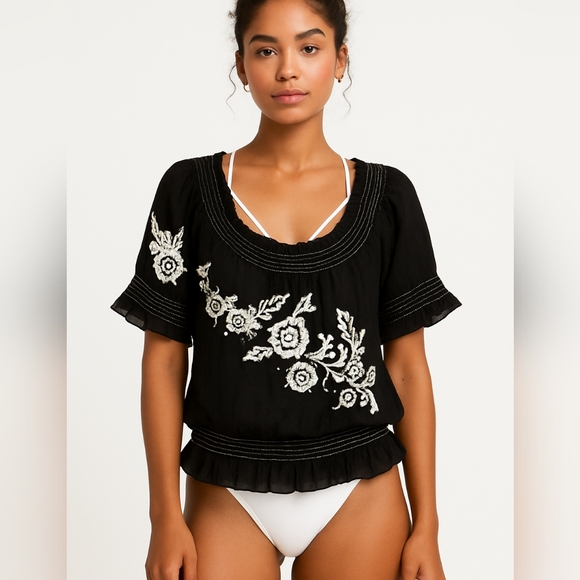 MARINEBLU Sz M Sheer Embroidered Ruffle Peplum Top Round Neck Spring Fall Layer - Picture 1 of 7